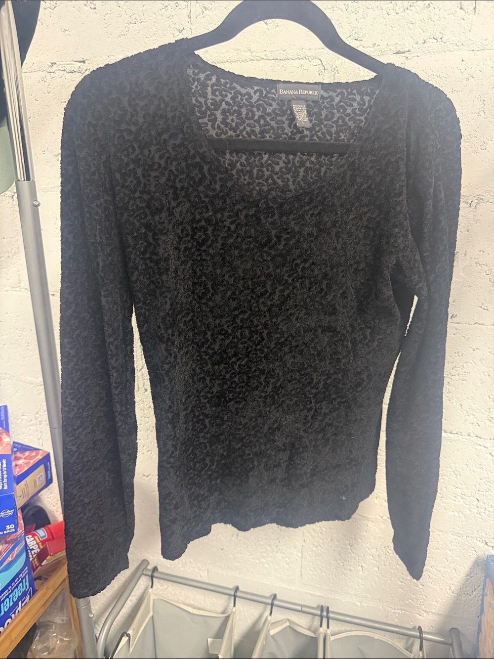 Banana Republic Black Long Sleeve Sheer Burnout Top Size Large Velvet Pattern